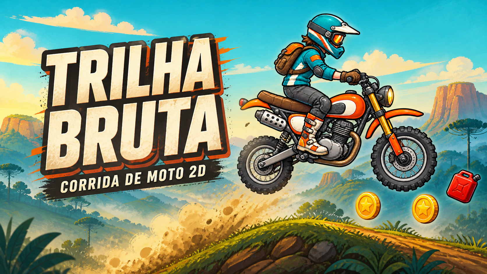 Motociclista em uma serra no jogo Trilha Bruta